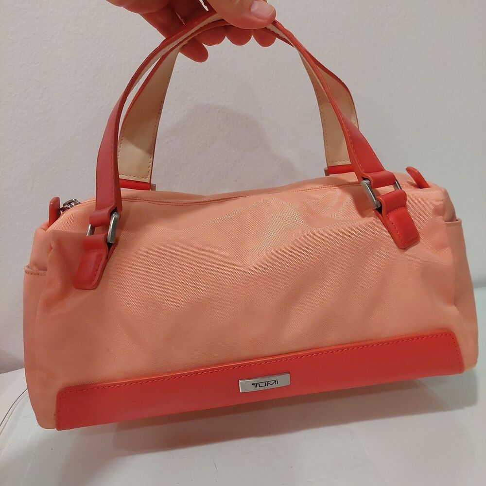 TUMI Nylon Satchel Leather Handles Peach/ Coral/ Orange Purse Bag Double Handle